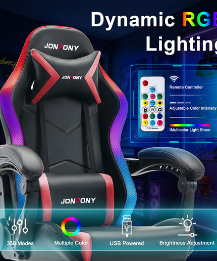 JONPONY Gaming Chair,Racing Style RGB LED Lights,Ergonomic Video Game Chair with Footrest and Lumbar Support ,High Back Reclining Computer Chair for Adults