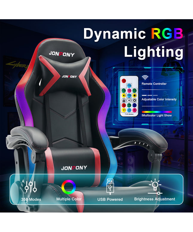 JONPONY Gaming Chair,Racing Style RGB LED Lights,Ergonomic Video Game Chair with Footrest and Lumbar Support ,High Back Reclining Computer Chair for Adults