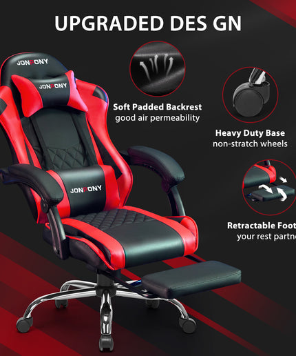 JONPONY Big and Tall 400LBS Gaming Chair, Ergonomic Design, Gamer Chair PU Leather with Footrest and Lumbar Support, High Back Office Chair Support 8 Hours Long Sitting, Computer Chair,Red