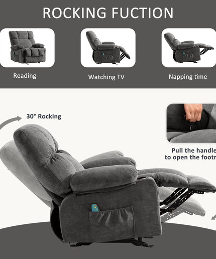 JONPONY Manual Recliner Chair with Heat Therapy and Massage Function, Heavy Duty Reclining Mechanism Massage Chair, Elderly Single Rocker Sofa with Cup Holders for Bedroom Home Theater,Grey