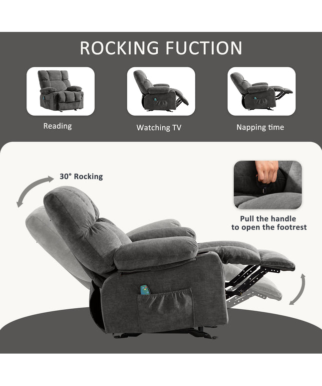 JONPONY Manual Recliner Chair with Heat Therapy and Massage Function, Heavy Duty Reclining Mechanism Massage Chair, Elderly Single Rocker Sofa with Cup Holders for Bedroom Home Theater,Grey