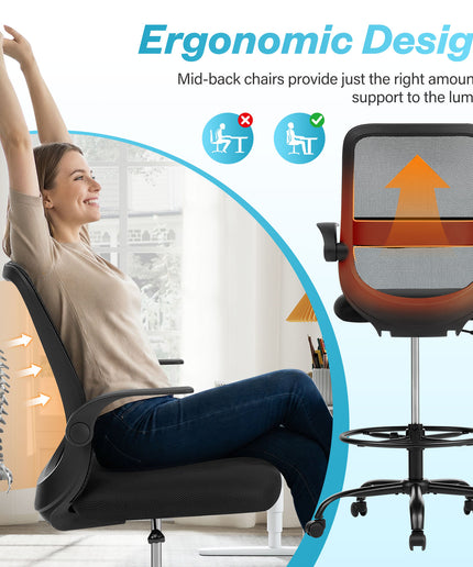 JONPONY 450LBS Office Drafting Chair, Executive Rolling Swivel Chair with Adjustable Foot Ring and Flip-Up Arms, Comfy Thicken Cushion, Breathable Mesh Standing Desk Chair, Black