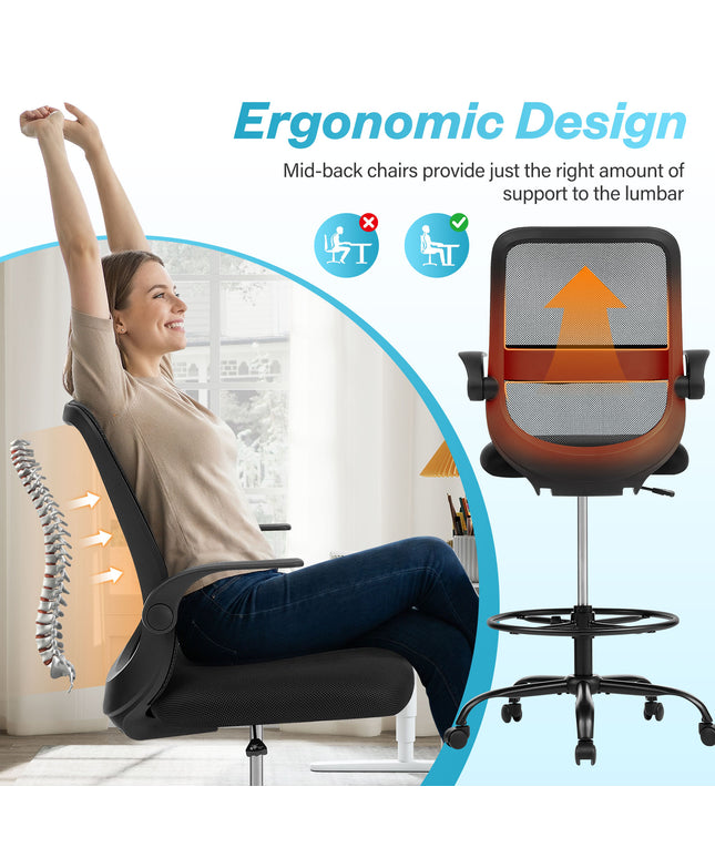 JONPONY 450LBS Office Drafting Chair, Executive Rolling Swivel Chair with Adjustable Foot Ring and Flip-Up Arms, Comfy Thicken Cushion, Breathable Mesh Standing Desk Chair, Black