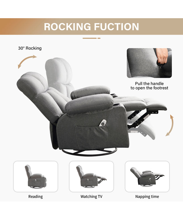 JONPONY Manual Recliner Chair with Heat Therapy and Massage Function, Heavy Duty Reclining Mechanism Massage Chair, Elderly Single Rocker Sofa with Cup Holders for Bedroom Home Theater,Grey, B1273