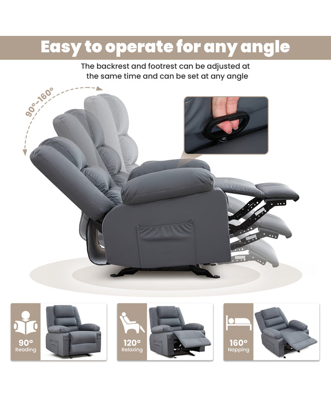 JONPONY Home Modern Comfort Reclining Chair,Elderly Single Rocker Sofa with Side Pocket for Bedroom Home Theater,Grey