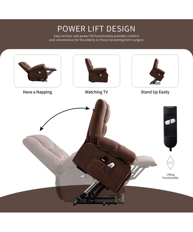 JONPONY Power Lift Recliner Chair Recliners for Elderly with Heat and Massage Recliner Chair for Living Room with Infinite Position and Side Pocket,USB Charge Port,Brown