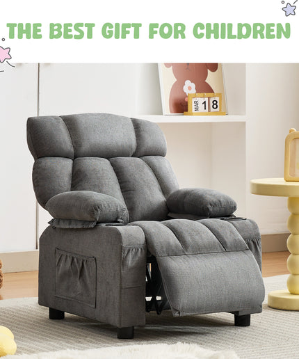 JONPONY Kids Recliner Chair,Push Back Toddler Recliner with Cup Holders & Side Pockets,Adjustable Footrest & Headrest Kids Sofa for Boys Girls 3+ Age Group, Grey