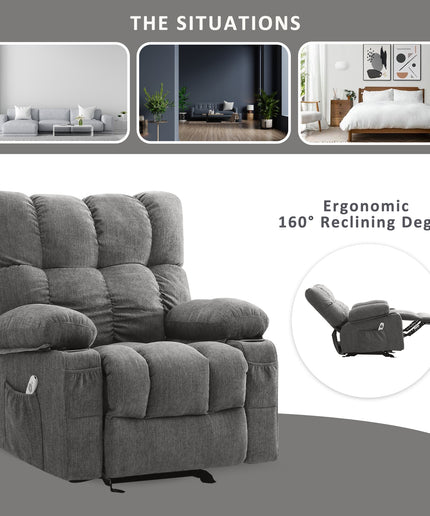 JONPONY Recliner Chair, Swivel Rocker Recliner Chair for Adults, Upholstered Manual Recliner with Side Pockets,Elderly Single Rocker Sofa with Cup Holders for Bedroom Home Theater,Grey