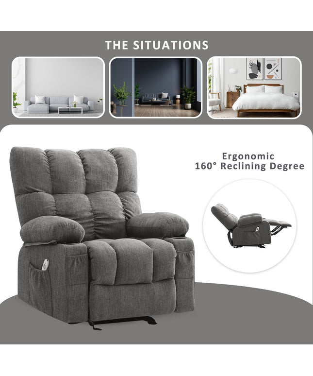 JONPONY Manual Recliner Chair with Heat Therapy and Massage Function, Heavy Duty Reclining Mechanism Massage Chair, Elderly Single Rocker Sofa with Cup Holders for Bedroom Home Theater,Grey