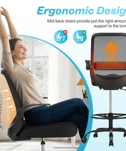 JONPONY 450LBS Office Drafting Chair, Executive Rolling Swivel Chair with Adjustable Foot Ring and Flip-Up Arms, Comfy Extra Deep W-Shape Thicken Cushion, Breathable Mesh Standing Desk Chair, Black