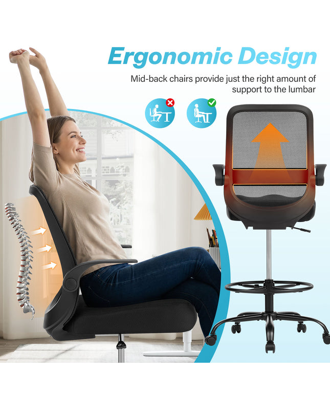 JONPONY 450LBS Office Drafting Chair, Executive Rolling Swivel Chair with Adjustable Foot Ring and Flip-Up Arms, Comfy Extra Deep W-Shape Thicken Cushion, Breathable Mesh Standing Desk Chair, Black