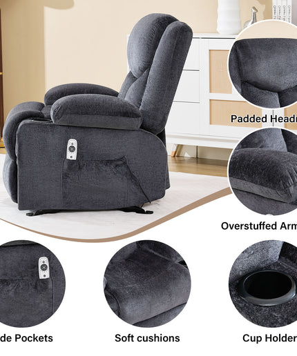 JONPONY Manual Recliner Chair with Heat Therapy and Massage Function, Heavy Duty Reclining Mechanism Massage Chair, Elderly Single Rocker Sofa with Cup Holders for Bedroom Home Theater,Grey