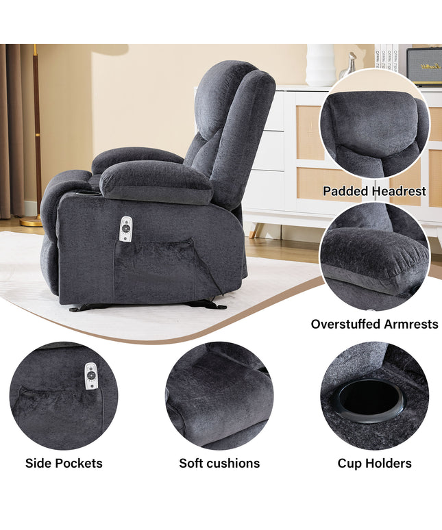 JONPONY Manual Recliner Chair with Heat Therapy and Massage Function, Heavy Duty Reclining Mechanism Massage Chair, Elderly Single Rocker Sofa with Cup Holders for Bedroom Home Theater,Grey