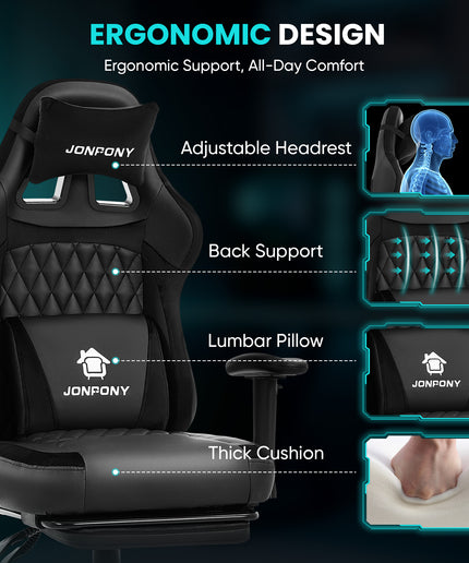 JONPONY Big and Tall 500LBS Ergonomic Gaming Chair, High Back Office Chair with Wide Wingless Seat and Thick Cushion, Comfortable Leather Computer Chair Support Long Sitting,2D Armrests