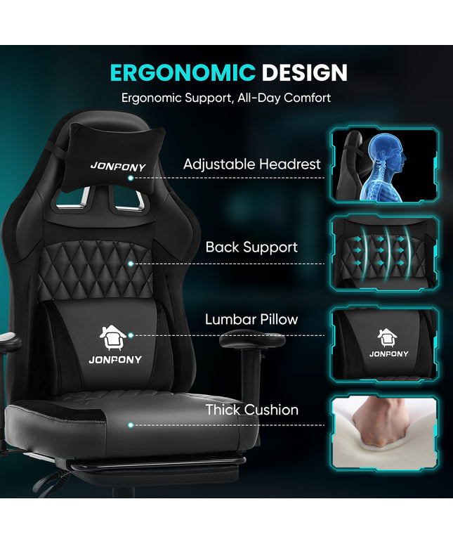 JONPONY Big and Tall 500LBS Ergonomic Gaming Chair, High Back Office Chair with Wide Wingless Seat and Thick Cushion, Comfortable Leather Computer Chair Support Long Sitting,2D Armrests