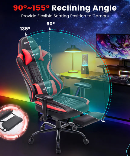 JONPONY Big and Tall 400lbs Gaming Chair with Bluetooth Speakers, Gamer Chair with Footrest and Lumbar Support & 360-Swivel Seat, Ergonomic Gamer Chair with Headrest, Red