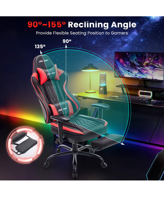 JONPONY Big and Tall 400lbs Gaming Chair with Bluetooth Speakers, Gamer Chair with Footrest and Lumbar Support & 360-Swivel Seat, Ergonomic Gamer Chair with Headrest, Red
