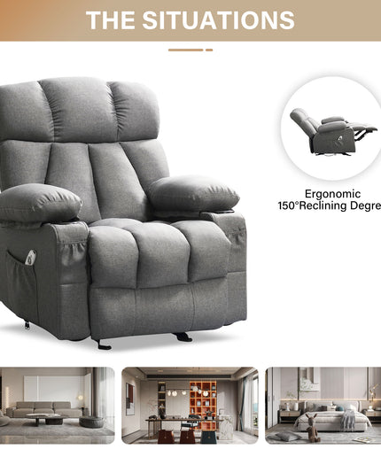 JONPONY Manual Recliner Chair with Heat Therapy and Massage Function, Heavy Duty Reclining Mechanism Massage Chair, Elderly Single Rocker Sofa with Cup Holders for Bedroom Home Theater,Grey