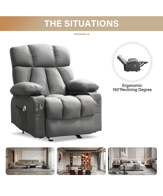 JONPONY Manual Recliner Chair with Heat Therapy and Massage Function, Heavy Duty Reclining Mechanism Massage Chair, Elderly Single Rocker Sofa with Cup Holders for Bedroom Home Theater,Grey