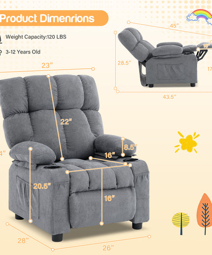 JONPONY Kids Recliner Chair, Push Back Toddler Recliner with Cup Holders & Side Pockets，Adjustable Footrest & Headrest Kids Sofa for Boys Girls 3+ Age Group, Children's Bedroom Furniture, Grey