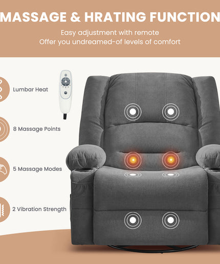 JONPONY Heated Manual Massage Recliner with 360° Swivel Rocker, Comfy Single Sofa with Side Pockets and Cup Holders for Living Room, Bedroom, and Home Theater