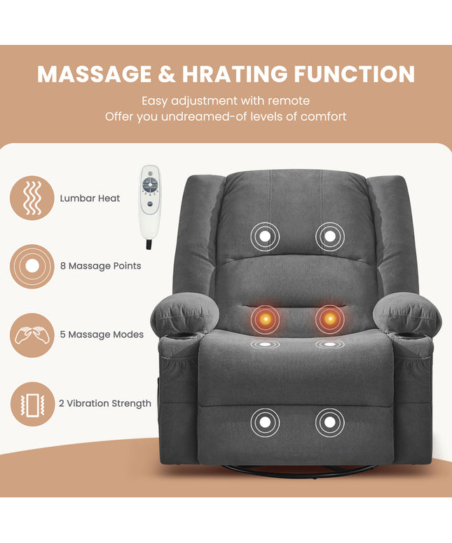 JONPONY Heated Manual Massage Recliner with 360° Swivel Rocker, Comfy Single Sofa with Side Pockets and Cup Holders for Living Room, Bedroom, and Home Theater