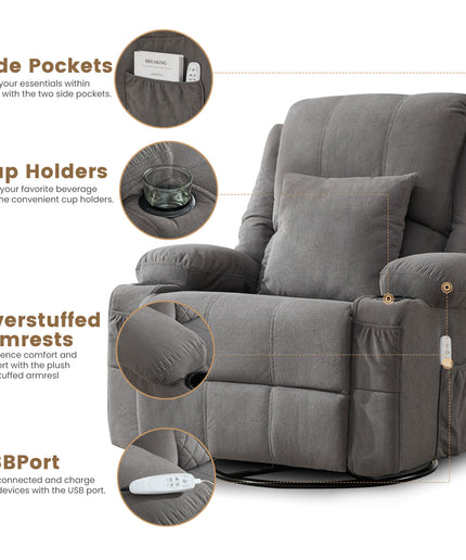 JONPONY Kneading Massage Rocker Recliner Chair with 4-Point 3D Kneading Massage and Heat Ergonomic Lounge Chair for Living Room with Rocking Function and 2 Cup Holders, USB Charge Port,Grey