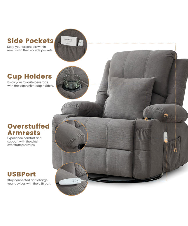 JONPONY Kneading Massage Rocker Recliner Chair with 4-Point 3D Kneading Massage and Heat Ergonomic Lounge Chair for Living Room with Rocking Function and 2 Cup Holders, USB Charge Port,Grey