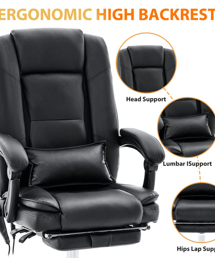 JONPONY Big and Tall Office Chair 500LBS Executive Office Chair Massage and Footrest Ergonomic Computer Desk Chair Reclining High Back Leather Office Chair Lumbar Back Support Swivel Rolling,Black