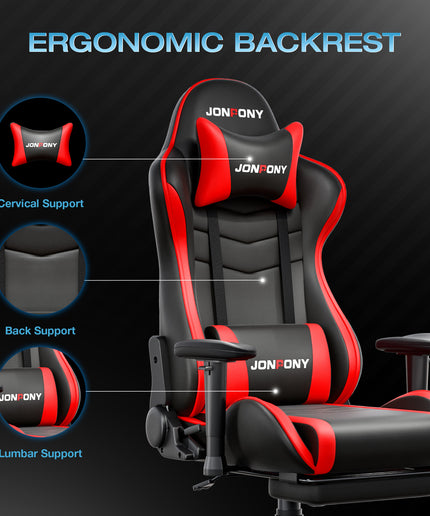 JONPONY Big and Tall 500LBS Gaming Chair, Ergonomic Design, Gamer Chair PU Leather with Footrest and Lumbar Support, High Back Office Chair Support 8 Hours Long Sitting, Computer Chair,Red