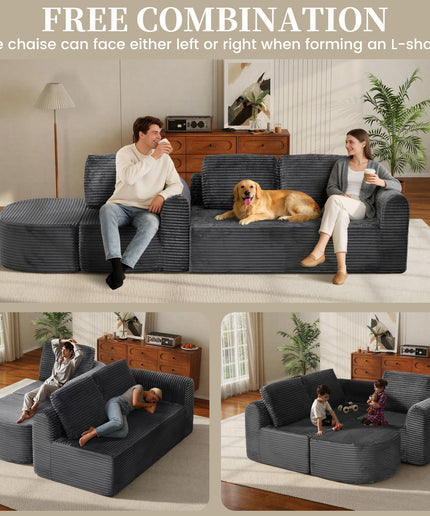 Jonpony 108” Modular Sectional Sofa, Boneless Couches for Living Room, Deep Seat L-Shape Cloud Couch with Chaise, Comfy Sofa Freely Change Configurations No Assembly Required, Soft Plush Corduroy Fabric