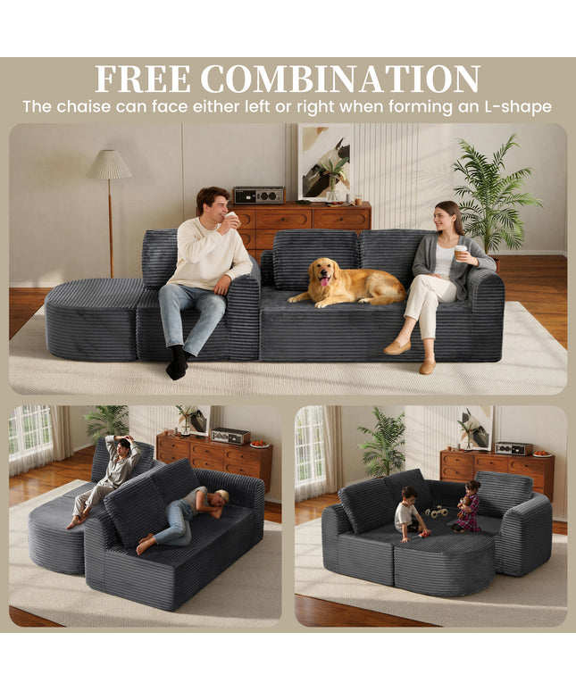 Jonpony 108” Modular Sectional Sofa, Boneless Couches for Living Room, Deep Seat L-Shape Cloud Couch with Chaise, Comfy Sofa Freely Change Configurations No Assembly Required, Soft Plush Corduroy Fabric