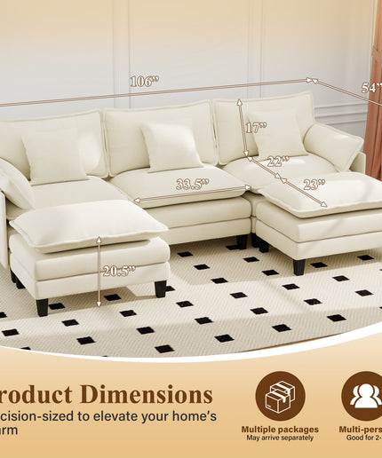 Jonpony Modular Sectional Sofa, Comfy Cloud Couch with Movable Ottoman, Deep Seat Couches for Living Room, Bedroom and Apartment, 106" U Shaped Modern Sofa with Pillows, Beige