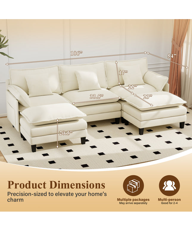 Jonpony Modular Sectional Sofa, Comfy Cloud Couch with Movable Ottoman, Deep Seat Couches for Living Room, Bedroom and Apartment, 106" U Shaped Modern Sofa with Pillows, Beige