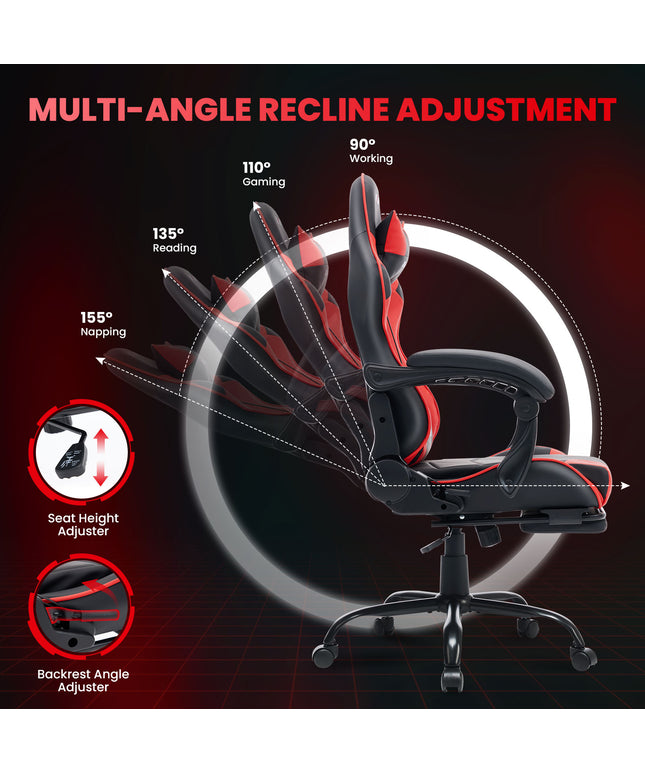 JONPONY Big and Tall 500LBS Gaming Chair, Ergonomic Design, Gamer Chair PU Leather with Footrest and Lumbar Support, High Back Office Chair Support, Long Sitting Computer Chair, Red