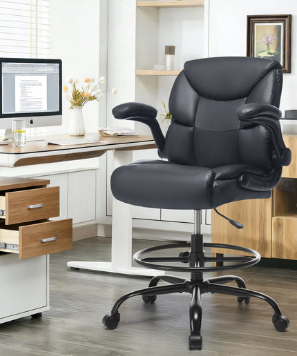 JONPONY Tall Office Chair for Standing Desk, Ergonomic High Leather Executive Office Chair with Flip-up Armrest,and Adjustable Foot Ring for Counter Height Desk,Black