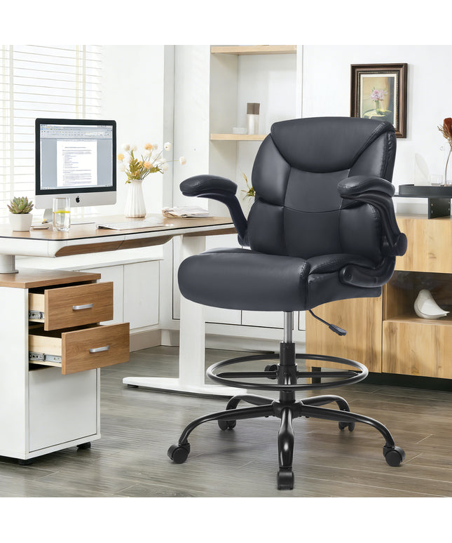 JONPONY Tall Office Chair for Standing Desk, Ergonomic High Leather Executive Office Chair with Flip-up Armrest,and Adjustable Foot Ring for Counter Height Desk,Black
