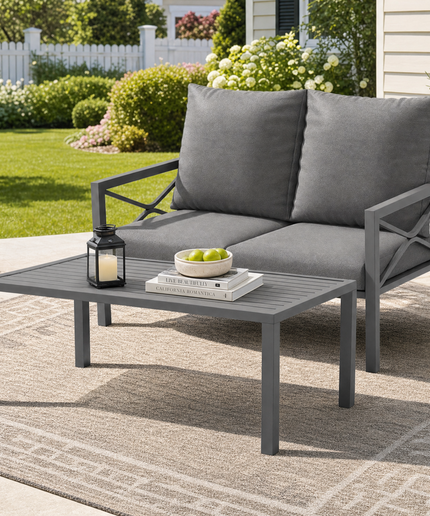 Jonpony 2-Piece All-Weather Metal Patio Furniture Set, Cushioned Loveseat 2 Seats Sofa Bench w/Coffee Table, Heavy Duty Steel Frame & Washable Cushions for Backyard Garden (Grey)