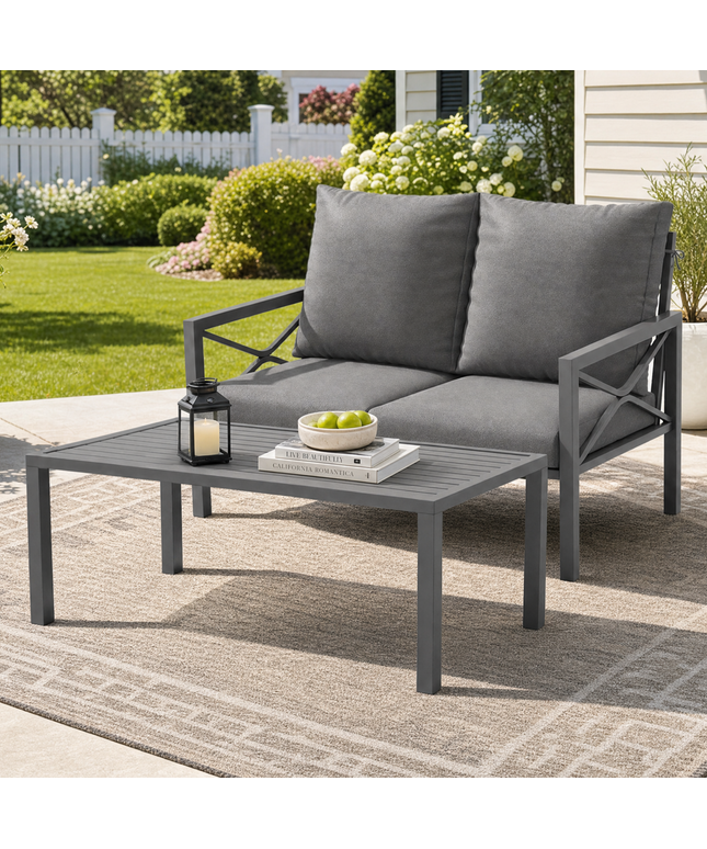 Jonpony 2-Piece All-Weather Metal Patio Furniture Set, Cushioned Loveseat 2 Seats Sofa Bench w/Coffee Table, Heavy Duty Steel Frame & Washable Cushions for Backyard Garden (Grey)