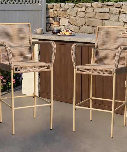 Jonpony Counter Height Bar Stool Set of 2, 30" Patio Rattan Bar Stool Chairs with Armrests, Outdoor Barstools for Porch Garden Indoor Kitchen, Yellow
