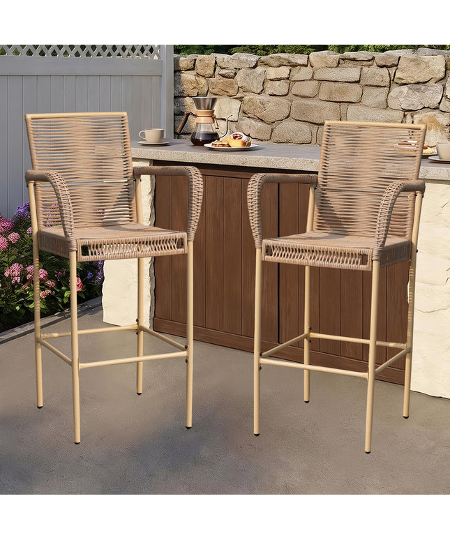Jonpony Counter Height Bar Stool Set of 2, 30" Patio Rattan Bar Stool Chairs with Armrests, Outdoor Barstools for Porch Garden Indoor Kitchen, Yellow