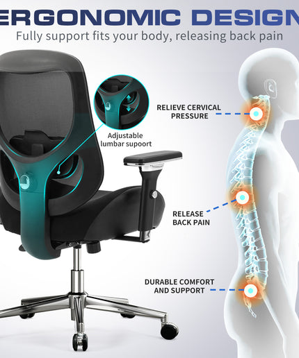 JONPONY Big and Tall Office Chair 500LBS Ergonomic Office Chair with Lumbar Support, 4D Adjustable Armrest Mesh Chair,8 Hours Heavy Duty Design,Black