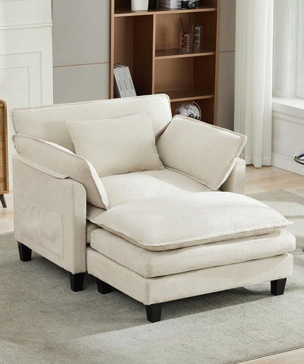 Jonpony Oversized Accent Chair with Ottoman Double-Layer Seat Cushion for Spacious Living Room, Modern Accent Chair with Removable Ottoman for Bedroom, Soft Durable Fabric Sturdy Backrest Home Office,Beige