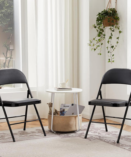 JONPONY 2 Pack Leather Padded Folding Chair, Indoor Outdoor Portable Stackable Commercial Seat with Steel Frame, Capacity for Home, Office, Party, Comfy, Black