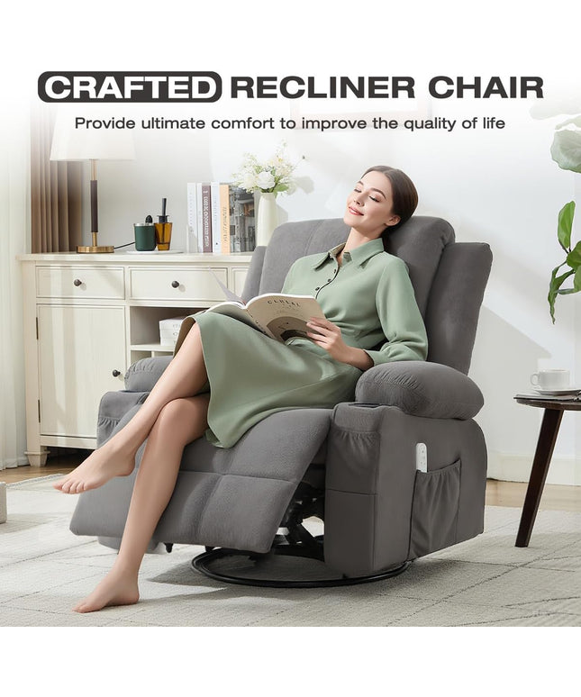 JONPONY Kneading Massage Rocker Recliner Chair with 4-Point 3D Kneading Massage and Heat Ergonomic Lounge Chair for Living Room with Rocking Function and 2 Cup Holders, USB Charge Port,Grey