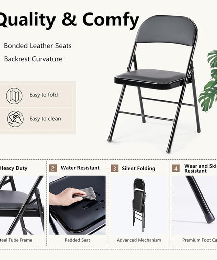 JONPONY 2 Pack Leather Padded Folding Chair, Indoor Outdoor Portable Stackable Commercial Seat with Steel Frame, Capacity for Home, Office, Party, Comfy, Black