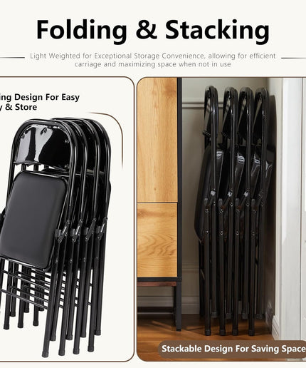 JONPONY 2 Pack Leather Padded Folding Chair, Indoor Outdoor Portable Stackable Commercial Seat with Steel Frame, Capacity for Home, Office, Party, Comfy, Black