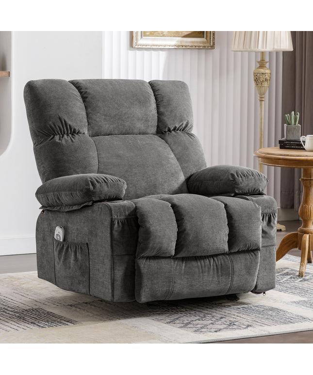 JONPONY Manual Recliner Chair with Heat Therapy and Massage Function, Heavy Duty Reclining Mechanism Massage Chair, Elderly Single Rocker Sofa with Cup Holders for Bedroom Home Theater,Grey