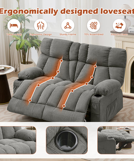 JONPONY Loveseat Recliner, Reclining Sofa with Cup-Holders, 2-Seater Couch for Living Room, Grey