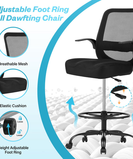 JONPONY 450LBS Office Drafting Chair, Executive Rolling Swivel Chair with Adjustable Foot Ring and Flip-Up Arms, Comfy Extra Deep W-Shape Thicken Cushion, Breathable Mesh Standing Desk Chair, Black
